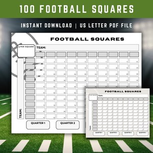 Football Pool Sheets 100 Squares, Numbered Football Squares, Football Fundraiser, Superbowl Betting Game, Printable Football Grid, PDF