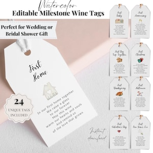 Etiquetas de vinho para marco de casamento, modelo Canva do ano do primeiro, presente de casamento para chá de panela, poemas para garrafas de vinho em aquarela, download instantâneo -T002