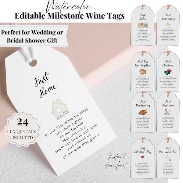 Marriage Milestone Wine Tags, Year Of First Canva Template, Bridal Shower Wedding Gift, Watercolor Wine Bottle Poems, Instant Download -T002