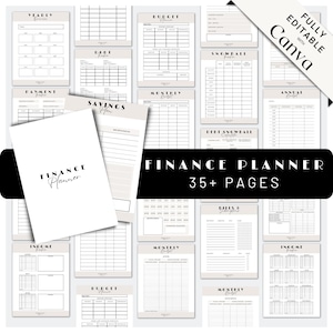 Puede incluir: Un planificador financiero imprimible con más de 35 páginas. Las páginas están organizadas en categorías como resumen anual, presupuesto mensual, ingresos, ahorros, deudas y facturas. El planificador es totalmente editable con Canva.