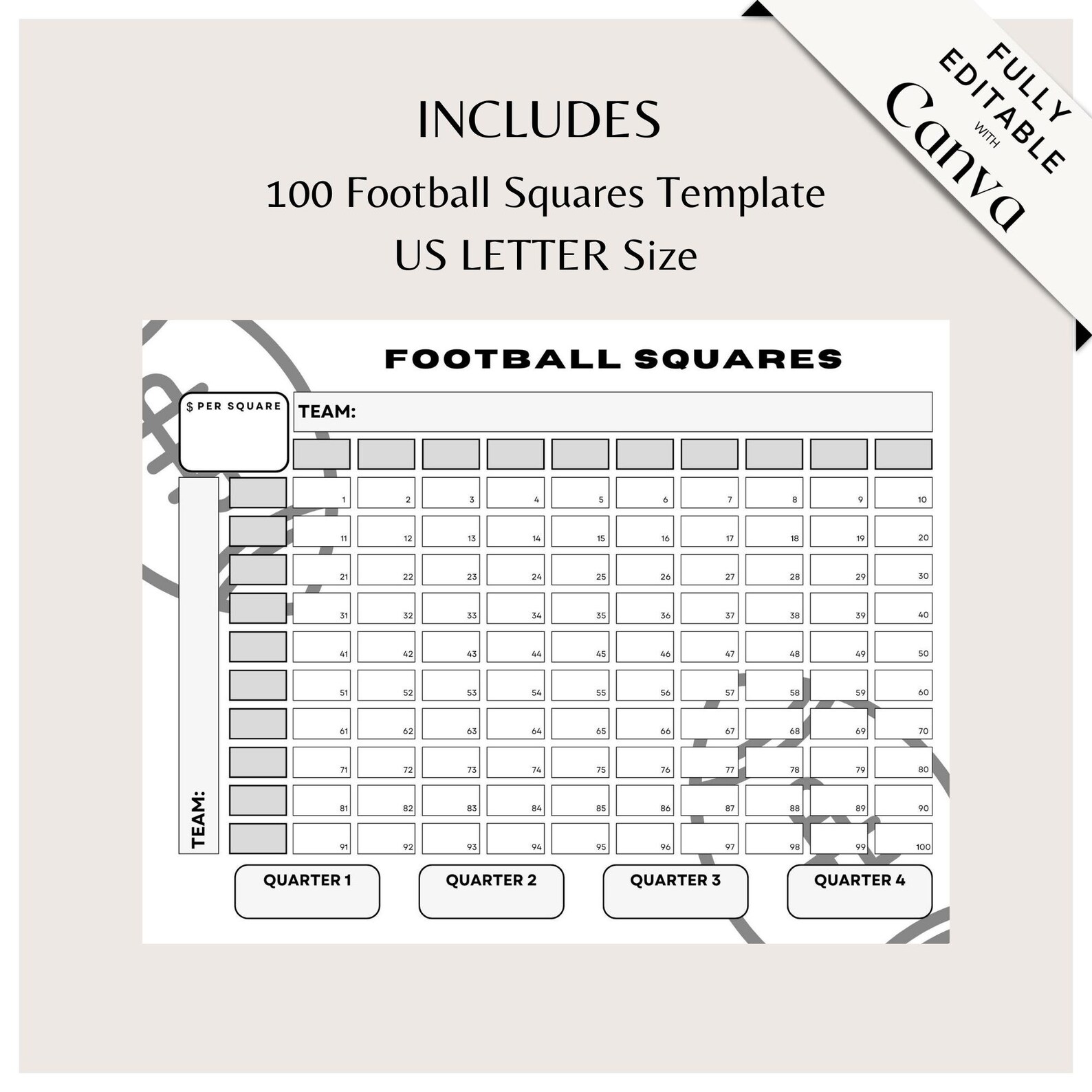 100 Square Football Pool Template, Numbered Football Squares Pool ...