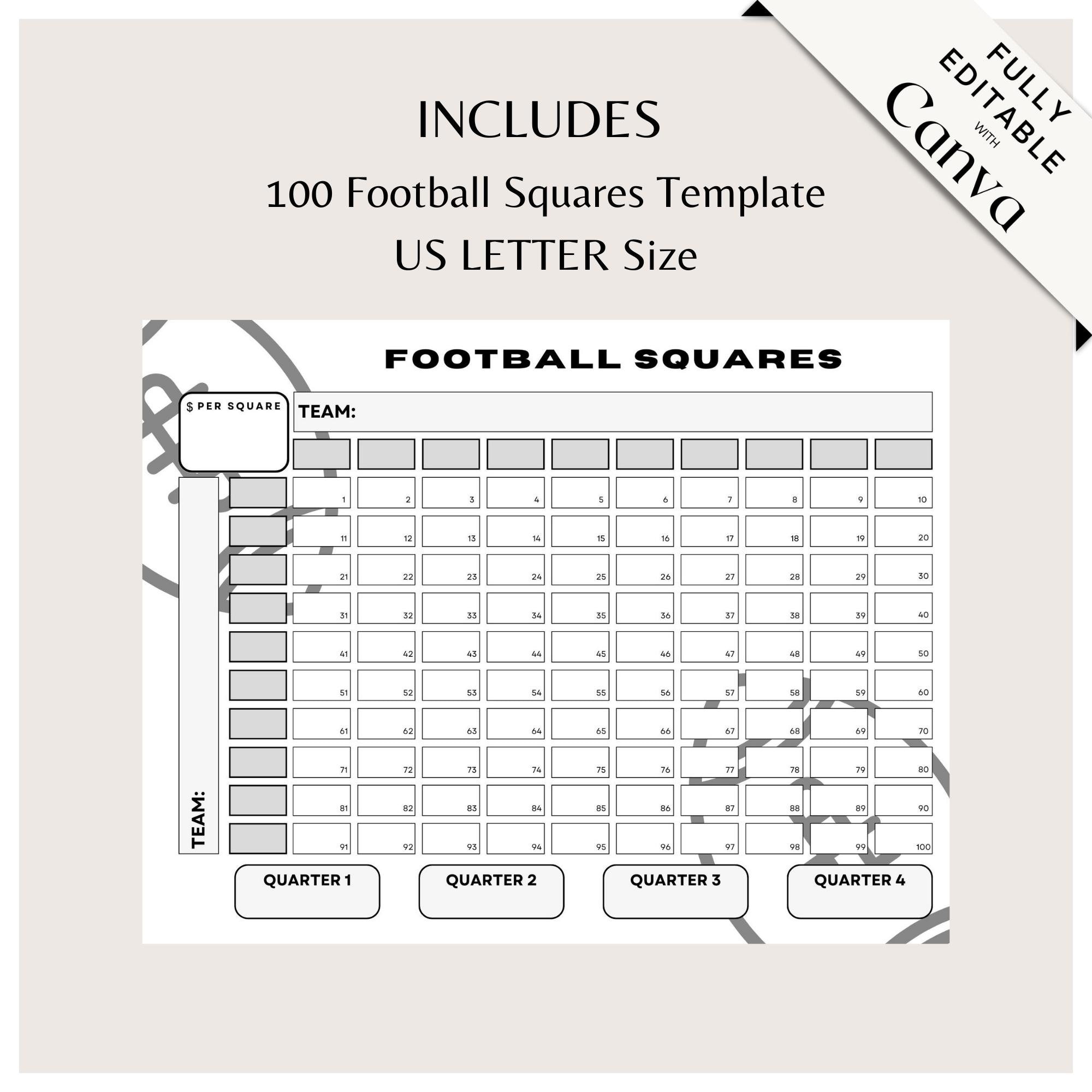 100 Square Football Pool Template Numbered Football Squares Etsy