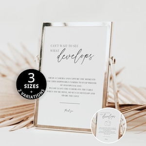 Disposable Camera Wedding Sign, Can&#39;t Wait to See What Develops, Minimalist Canva Template, Reception Sign, Fully Editable, DIY Template