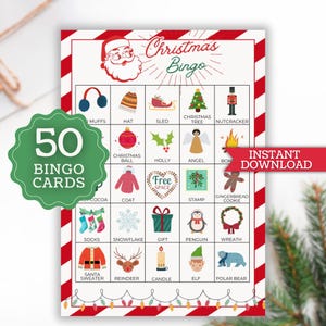 Afdrukbaar spel kerstbingo, 50 unieke bingo-kerstkaarten voor kinderen, familie en vrienden, afdrukbare vakantie-activiteiten, kerstgroepsspel