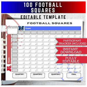 Football Squares Pool Template, 100 Super Bowl Numbered Squares , Football Fundraiser, Superbowl Party Betting Game, Editable Canva