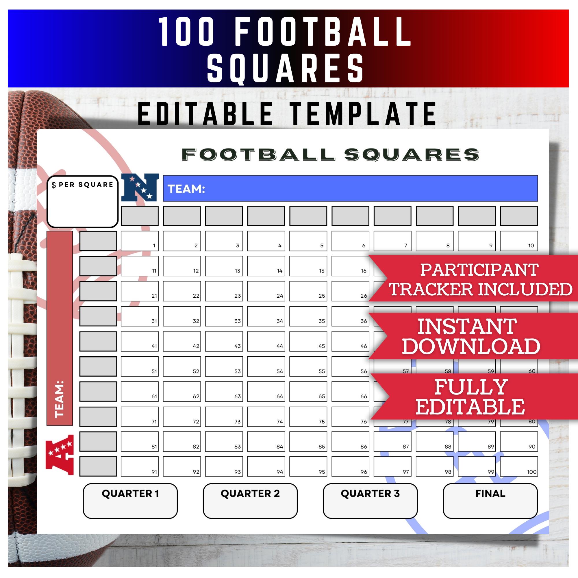 Football Squares Pool Template, 100 Super Bowl Numbered Squares , Football Fundraiser, Superbowl Party Betting Game, Editable Canva