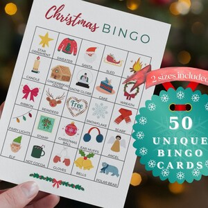 Gra w bingo do druku na Boże Narodzenie, 50 wyjątkowych kart bingo dla dzieci, rodziny i przyjaciół, aktywności do druku, natychmiastowe pobieranie - ER001