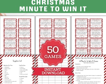 May include: A printable Christmas Minute to Win It game with 50 challenges. The game includes a list of supplies, instructions, and a scorecard. The challenges are designed for teams and include activities like wrapping a gift, building a snowman, and decorating a gingerbread house.