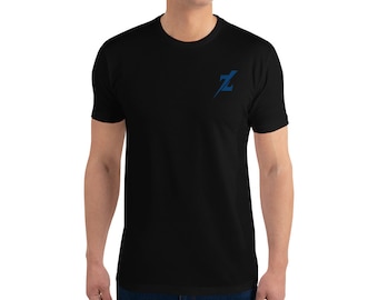 May include: Black short-sleeve t-shirt with a blue stylized "Z" logo on the left chest. The shirt is made of a soft material and has a classic crew neck design. A simple, versatile top for everyday wear.