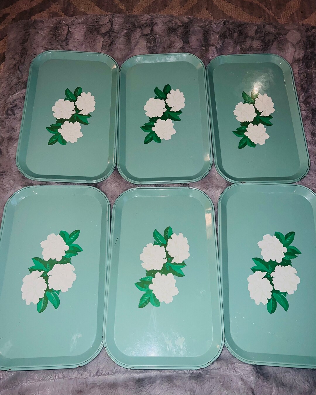 Vintage MCM Metal TV Lap Tray Mint Green White Gardenias Lot Etsy