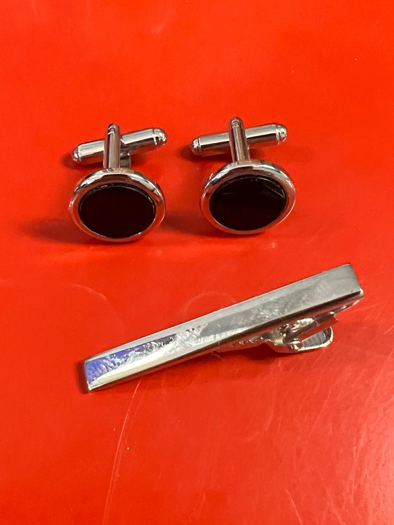 Vintage Silver and Black Cufflinks and Tie Pin - image 1