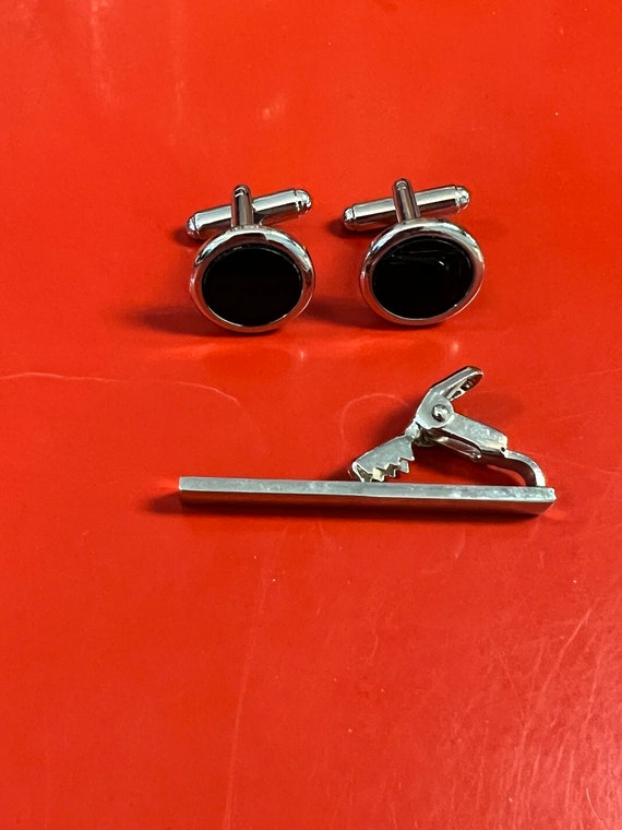 Vintage Silver and Black Cufflinks and Tie Pin - image 2