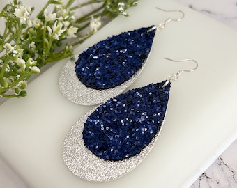Modern Blue Glitter and Silver Metallic Layered Teardrop Earrings, Lightweight Faux Leather Earrings, Gift of Jewelry