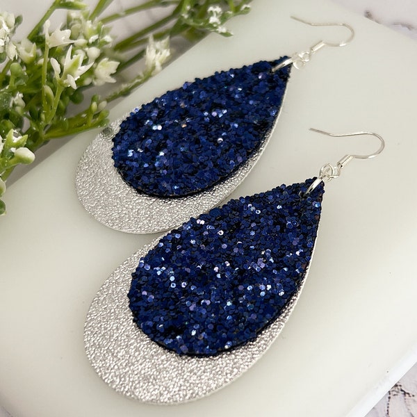 Modern Blue Glitter and Silver Metallic Layered Teardrop Earrings, Lightweight Faux Leather Earrings, Gift of Jewelry