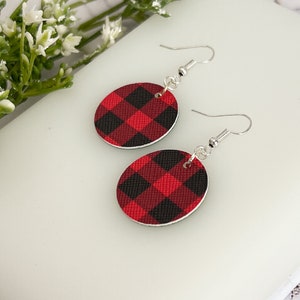 Modern Red Buffalo Plaid Faux Leather Dot Earrings, Small Lightweight Faux Leather Earrings, Simple Leather Circle Earrings