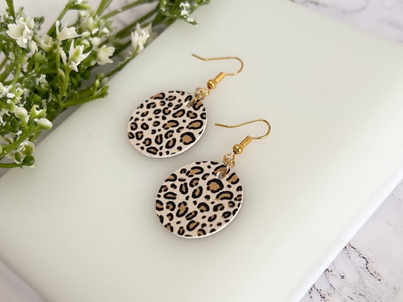 Modern Leopard Print Faux Leather Dot Earrings, Small Lightweight - Technical View