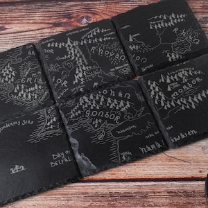 Middle earth Coaster set - Map illustration - 6 x Deluxe slate coasters - Laser Engraved Square Slate Coasters