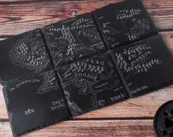 Middle earth Coaster set - Map illustration - 6 x Deluxe slate coasters - Laser Engraved Square Slate Coasters