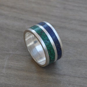 Anillo de bodas para hombre en plata de ley 925, anillo de bodas para hombre con piedra de lapislázuli y malaquita cruda, regalo para esposo, regalo para novio