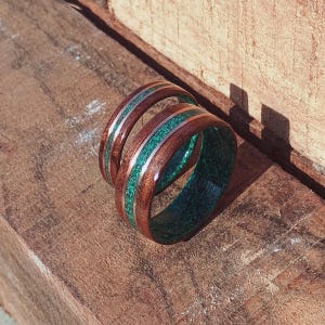 New Handmade Sepele Wood Ring: Malachite Inlay, Rustic Wedding Band