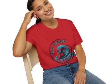 Camiseta gráfica de olas Soul Surfer para mujer / Camiseta ligera de algodón hilado en anillo / Camiseta de cuello redondo estilo costero
