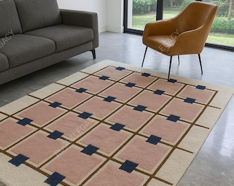 Hand-Tufted Wool Rug: Blush Pink Geometric Box Pattern - 5x5, 8x10