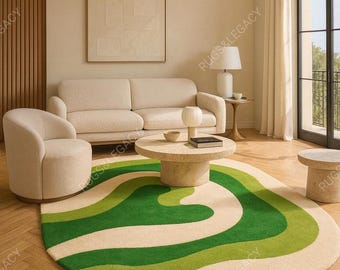 Hand-Tufted Wool Area Rug: Green Wavy Amoeba Shape, Modern Abstract Design