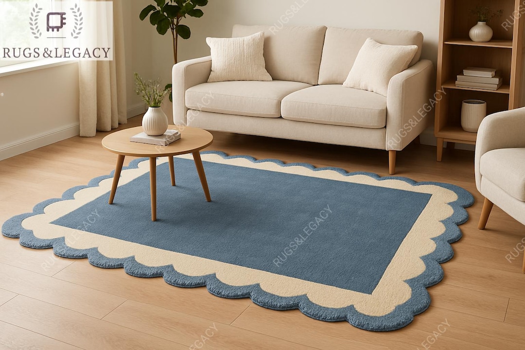 Blue Shell Shapped Rug Vintage Hand-tufted Blue Rug: Scalloped Edge, Bespoke Area Rug - Etsy