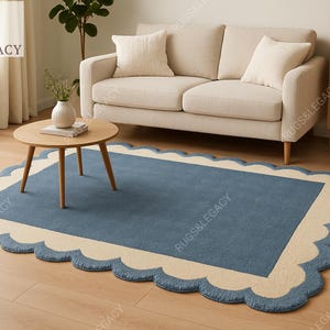 Vintage Hand-Tufted Blue Rug: Scalloped Edge, Bespoke Area Rug
