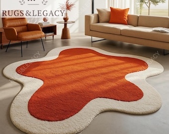 Hand Tufted High-Low Rug: Orange Ivory Retro Texture, Custom Size