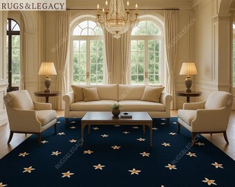 Hand-Tufted Midnight Blue Rug: Ivory Floral Pattern, Met Gala Inspired (12x15)