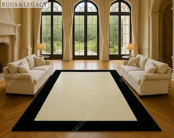 Vintage Hand-Tufted Silk Viscose Rug: Ivory & Black Border