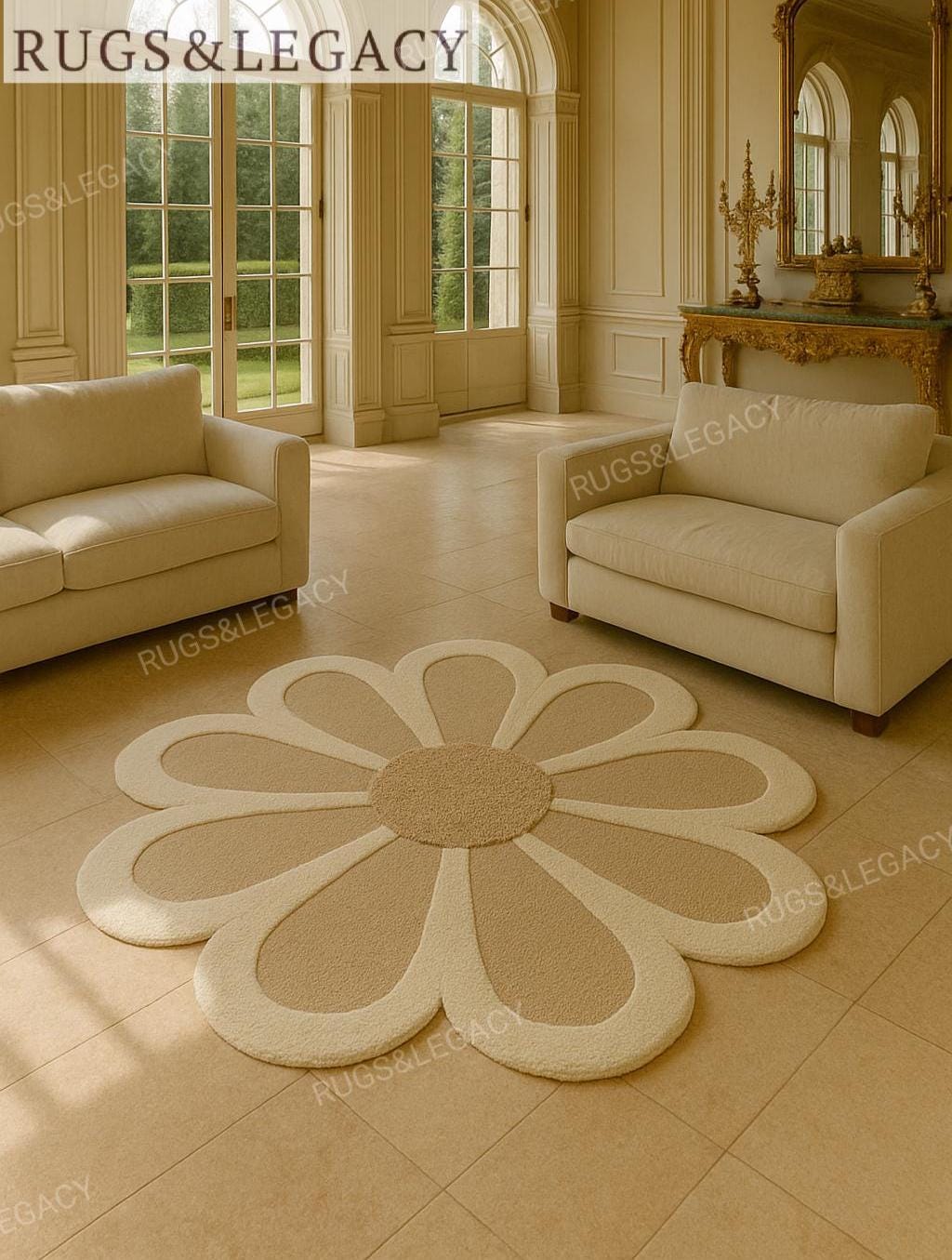 Handmade Daisy Flower Rug: Ivory Beige Floral Carpet, Nursery Decor