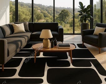 Modern Black & Ivory Geometry Rug – Hand-Tufted Mid-Century Retro Carpet | 9x12 12x18 Area Rug for Living Room, Bedroom, Nursery Studio
