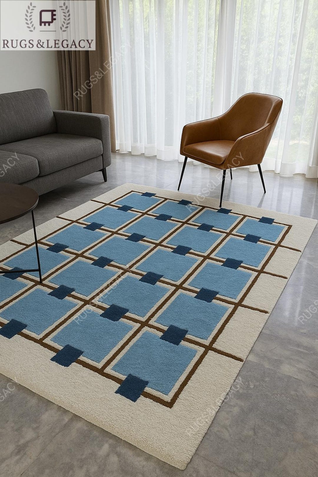 Contemporary Blue Rug Luxury Contemporary Rug – Modern Blue Checkered Wool Carpet, Handmade ...