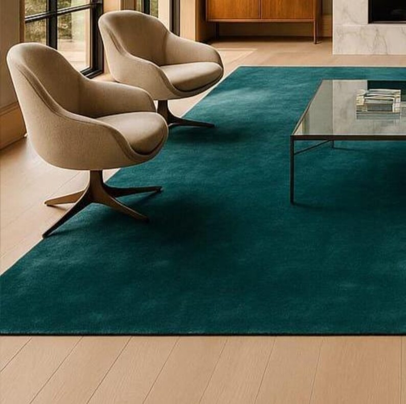 Trendy emerald green rug 6x9 styled with mid-century modern furniture