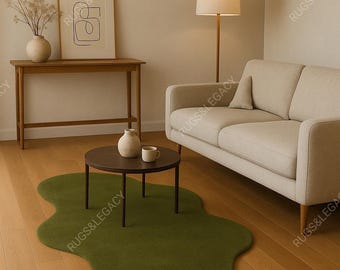 Handtufted Olive Green Wool Area Irregular Rug 4x6 5x7 Mid Century Inspired Custom Wavy Rug for Living Room Kids Room Organic Shape Carpets