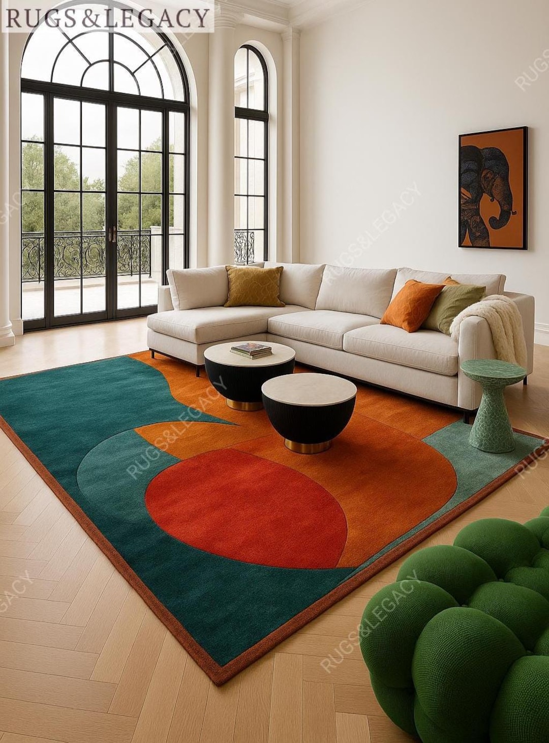 Teal Orange Rug Hand-tufted Wool Area Rug: Mid-century Burnt Orange Teal Boho Design - Etsy
