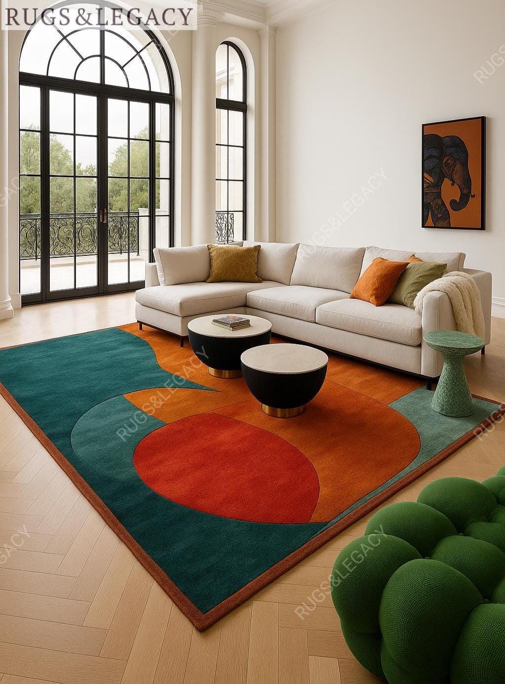 Hand-tufted Wool Area Rug: Mid-century Burnt Orange Teal Boho