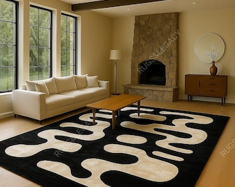 Vintage Hand-Tufted Silk & Viscose Rug: Abstract Ivory Black Design
