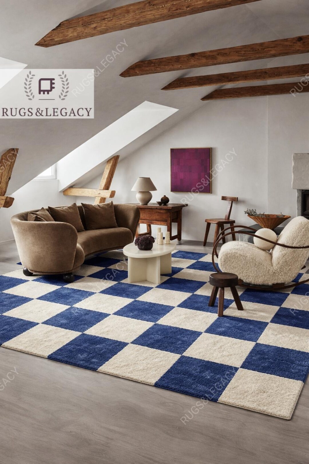 Blue Checkerboard Plush Rug, Cream Navy Modern Luxe Carpet, Minimalist ...
