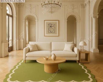 Hand-Tufted Wool Rug: Sage Green Scalloped Edge, Ivory Wavy Border