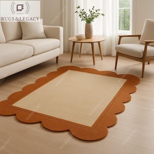 Hand-Tufted Scalloped Rug: Vintage Beige Brown Wool Area Rug