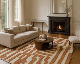 Modern Rust Ivory Abstract Textured Rug 9x12 10x14 Handmade Mid Century Maze Pattern Rug for Living Room Bedroom Nursery Room Neutral Carpet