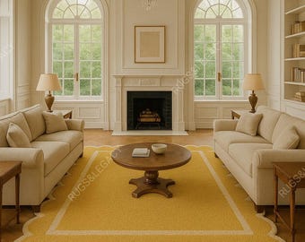 Handmade Vintage Scalloped Wool Rug: Yellow & Ivory, Soft Tufted Area Rug