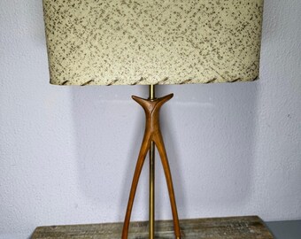 Vintage MCM Atomic Tripod Table Lamp Fiberglass Shade Danish Wood Mid Century
