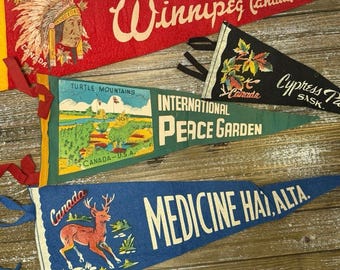 Lote de 4 banderines de fieltro antiguos de Canadá: Winnipeg, Medicine Hat, Peace Garden, Cypress.