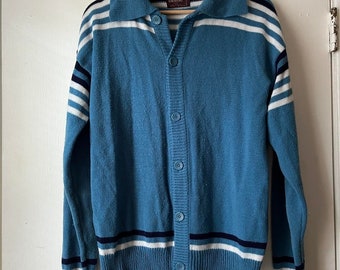 Vintage 1970’s blue and white striped men’s acrylic long sleeve shawl collar cardigan sweater, retro casual style size large