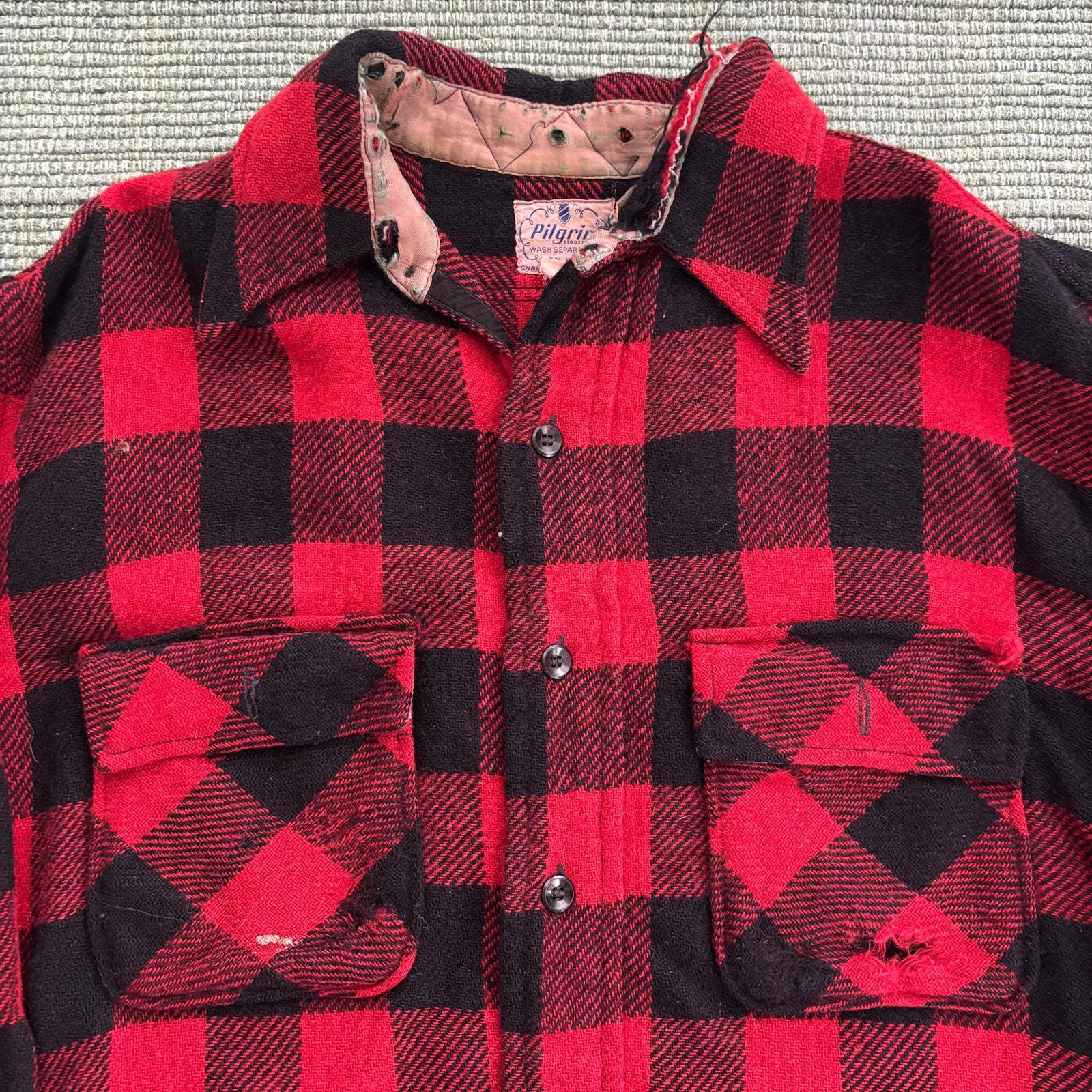 1950's～PILGRIM PLAID FLANNEL SHIRT 1950s Pilgrim Vintage Red/black Checker Plaid Wool Flannel
