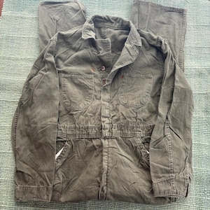 True vintage 1950s US Army green cotton coveralls size large, as-is condition